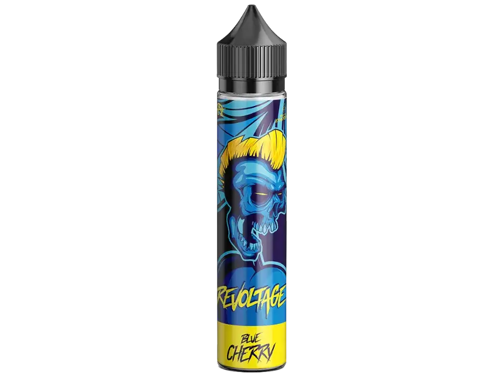 Eine Flasche E-Liquid mit einem Cartoon-Gesicht darauf, das Revoltage Aroma Blue Cherry Revoltage Rocks Kirsche Liquid darstellt